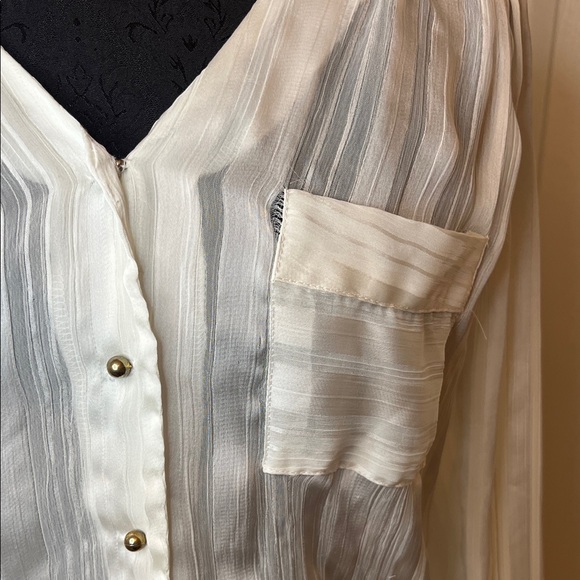 Elegant White Striped Button Up Blouse Sheer Flawed - Picture 2 of 7